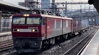 【ジョイント音最高！】JR貨物EH500形25号機＋コキ14B（両）が大宮駅10番線を通過するシーン（2071レ・仙貨A105・コンテナ輸送）2023.1.19