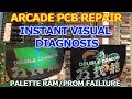 Arcade PCB repair - Instant visual diagnosis: Palette RAM/PROM failiure