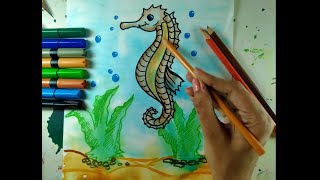 How to draw Sea Horse!! Easy step by step SeaHorse Drawing and Colouring!!