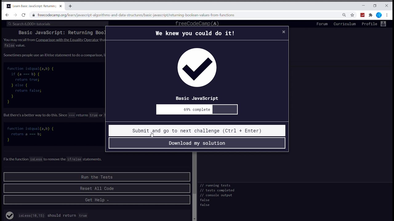 Basic Javascript (78/111) | Returning Boolean Values From Functions ...