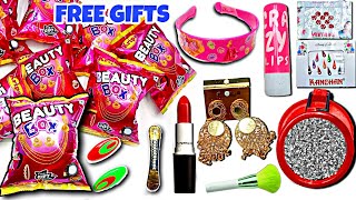 OMG😱 got Gold Earrings, Makeup Mirror, Lipstick, Barbie hairband inside Makeup Box Snacks free gift