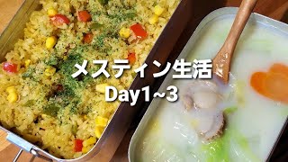 【メスティン料理】メスティン生活1~3日目☆ラージメスティンとメスティンだけで料理したら最高～【キャンプ飯】牡蠣ご飯・肉じゃが・カレーピラフ・シチュー・肉まん・豆乳担々麺