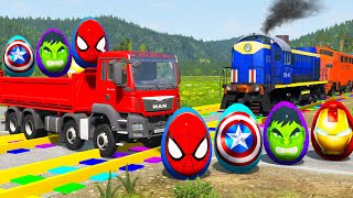 Double Flatbed Trailer Truck Transporting Superhero eggs - Cars vs Train Rescue Truck - BeamNG Drive