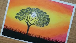 oil pastel drawing for beginners - Sunset scenery drawing-Beautiful sunset scenery