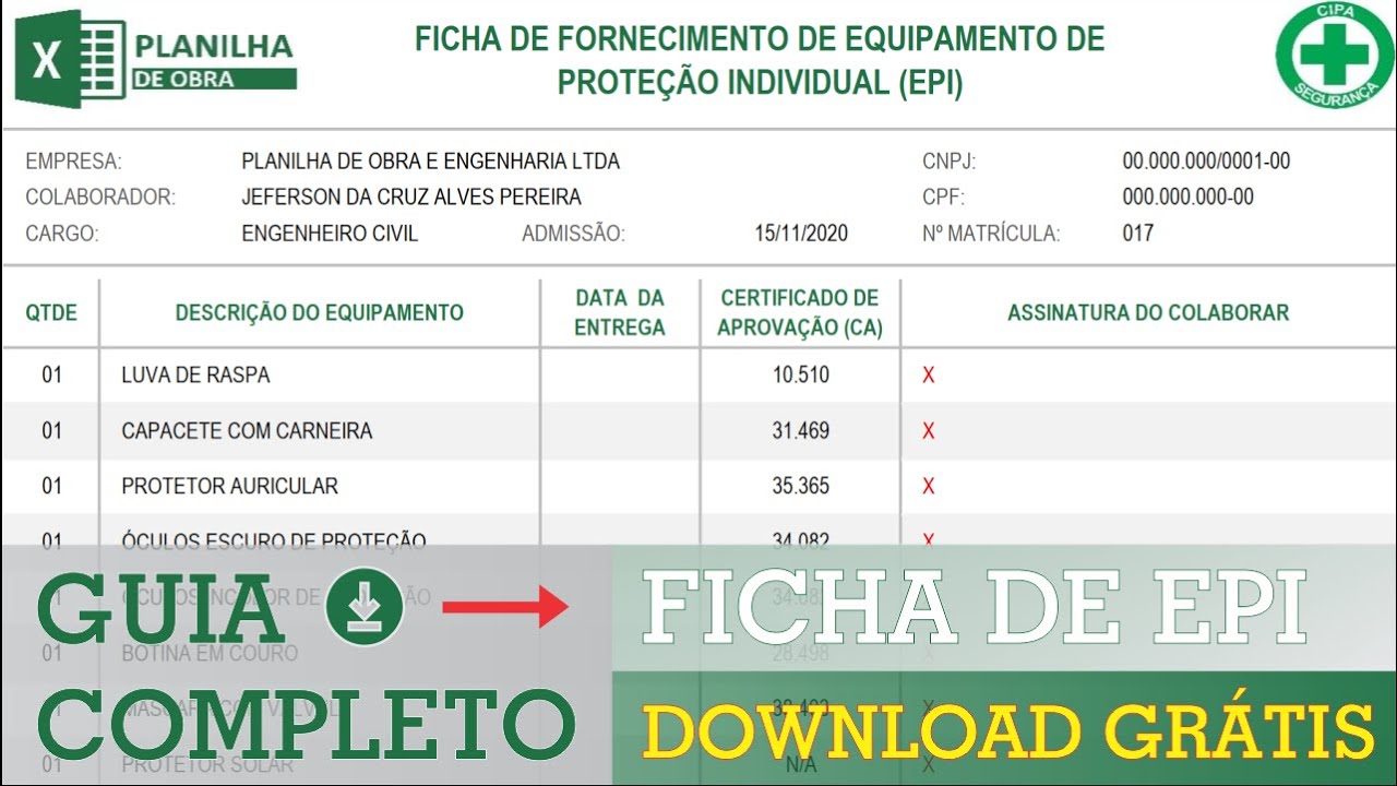 MODELO DE FICHA DE EPI Em Excel Grátis Para Download | Planilha De Obra ...