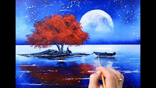 Red Tree at Full Moon | Landscape Painting | Easy for Beginners | Abstract