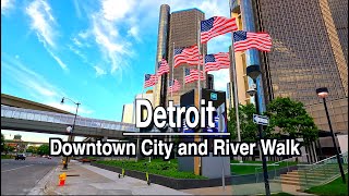 Detroit Downtown City And River Walk | 5K 60FPS | City Sounds
