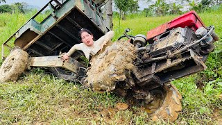 Agricultural vehicle transporting timber for logging, vehicle stuck, successfully pulled