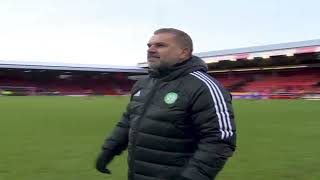 Ange Postecoglou celebrating with fans after Celtic defeat Aberdeen, Away from home to make it -9