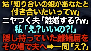 【スカッとする話】姑「知り合いの娘があなたと付き合いたいってw」ニヤつく夫「離婚する？w」私「え？いいの？！」隠し持っていた離婚届をその場で夫へ→一同「え？」【修羅場】