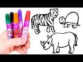 Aprende cómo dibujar un TIGRE, un RINOCERONTE y una TORTUGA 🐯🦏🐢 Aprende los animales