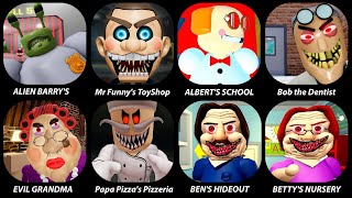 EVIL GRANDMA,ALBERT'S SCHOOL,BEN'S HIDEOUT,ALIEN BARRY'S,Papa Pizza's Pizzeria, BETTY'S NURSERY