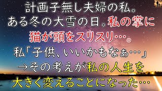 【ほっこりする話】計画子無し夫婦の私。ある冬の大雪の日、私の掌に猫が頭をスリスリ…私「子供、いいかもなぁ…」→その考えが私の人生を大きく変えることに…