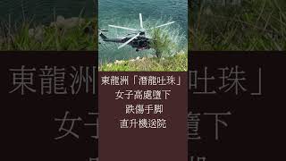 6日12時13分 一名女子在東龍洲行山期間，在景點「潛龍吐珠」一帶由一塊約8米高大石上墮下，跌傷手腳及面部，其同行友人見狀慌忙報案。政府飛行服務隊直升機出動將女事主救起，載往東區醫院接受治理抵院時清醒