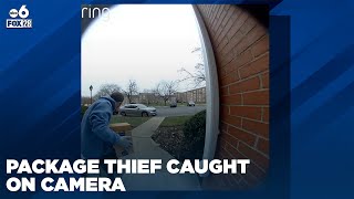 Porch package thief caught stealing packages on camera