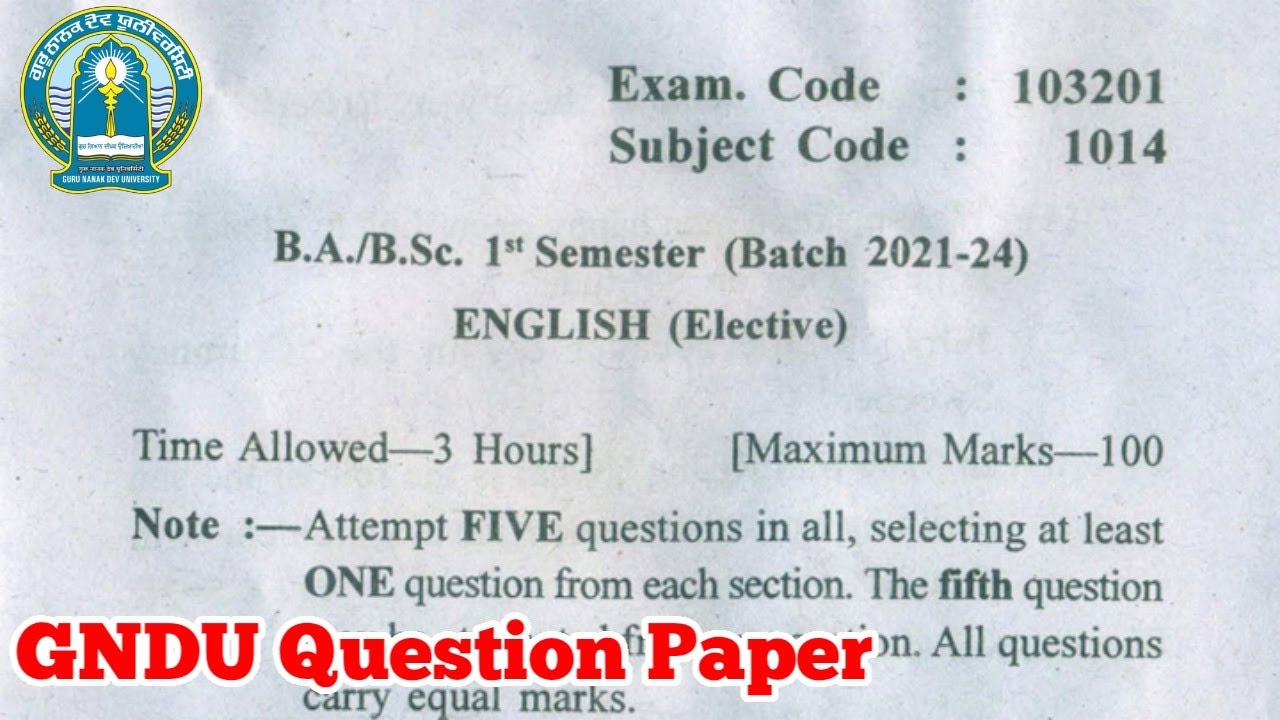 Gndu BA / Bsc 1st Semester English Elective Question Paper || Ba 1st ...