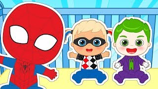 CINCO BEBÉS SUPERHÉROES | Canción con Spiderman, Harley Quinn, Joker y Hulk | Canciones infantiles