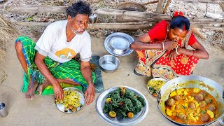 SHAK VAJI and BANANA FLOWER KOFTA CURRY cooking \u0026 eating by santali tribe old couple