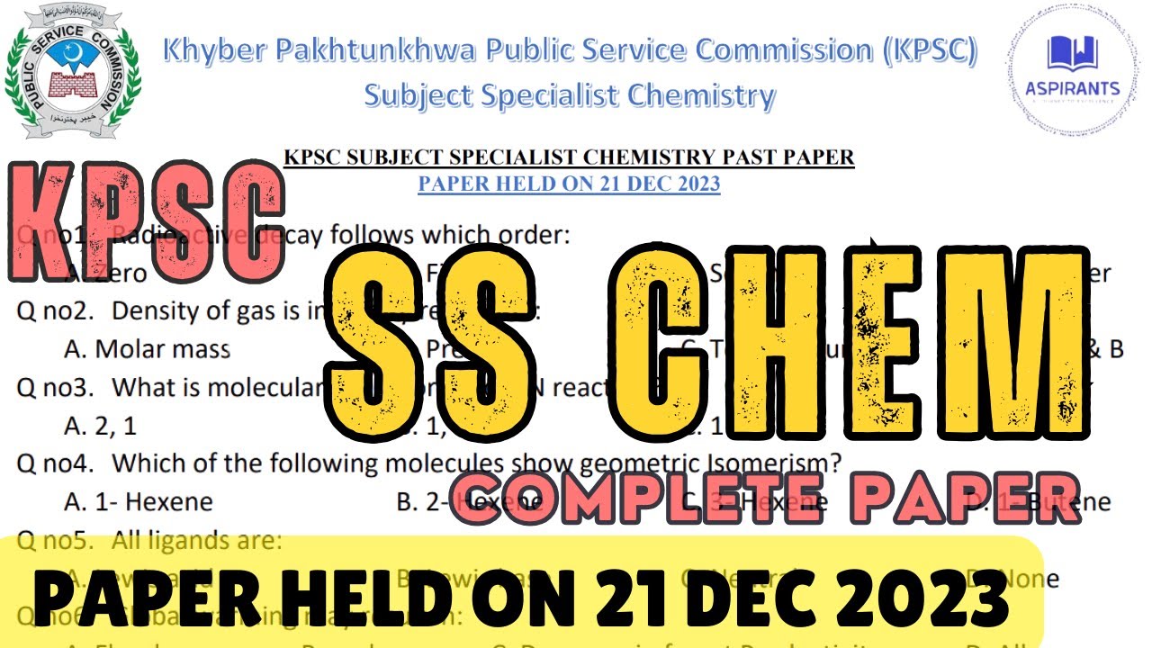 Subject Specialist Chemistry Past Paper | SS Chemistry 2023 | KPPSC ...