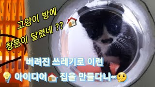 버려진 스티로폼으로 재활용 고양이 겨울집~마야 3번째 이사~화장실 분리형 원룸 입성🐈‍⬛🏘 A cat room with a window