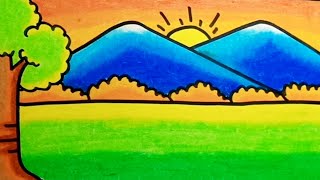 How To Draw a Mountain Landscape With Oil Pastels Step By Step | Drawing Mountain Landscape Easy