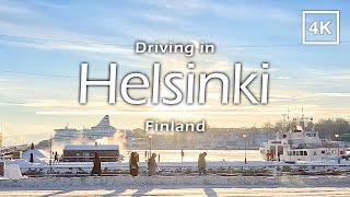 Driving in Helsinki city center on freezing winter day, Finland - 4K