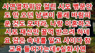 사연열차위암 걸린 시모 병문안도 안 오던 남편이 몰래 바람피운 것도 모자라, 나랑 이혼하고 시모 재산만 꿀꺽 받으려 하네요 검은 속내를 알고 사이다 참교육 들어가는데#실화사연