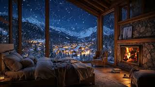 Cozy Wooden Cabin with Mountain Views | Snow Falling Over Town at Night for Relaxation \u0026 Comfort