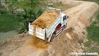 FULL Process Connecting New Village Road Komatsu D20P Bulldozer With Truck 5TON Spreading Soil