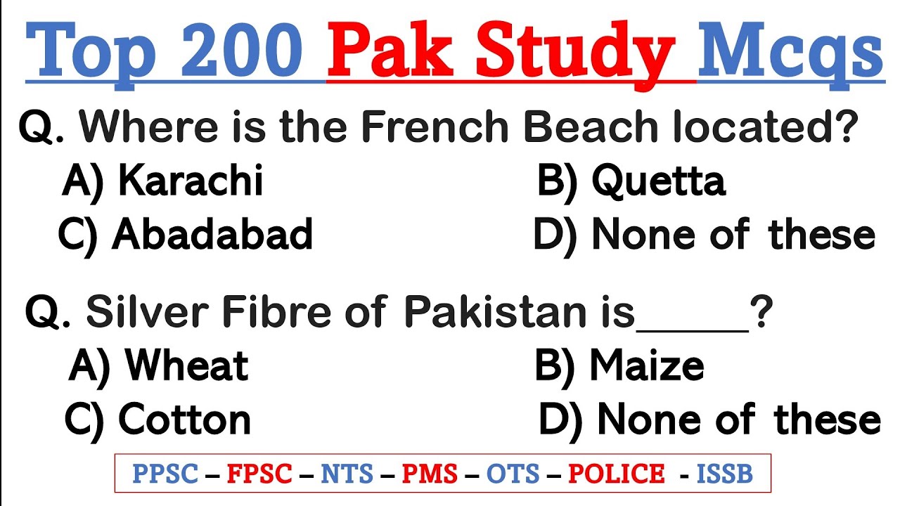 Top 200+ Pak Study Mcqs | Important Pak GK Mcqs Ppsc Fpsc Nts Pts Etea ...