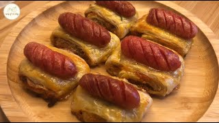 【手抓餅料理】:: 肉鬆香腸酥 :: 酥皮手抓餅 :: How to make pork floss sausage puff？