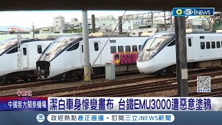 潔白車身慘被當成畫布! 台鐵EMU3000遭惡意塗鴉 嫌犯凌晨闖樹林調車場惡搞車身 將委託日原廠協助清洗 台鐵回應: 究責並求償│記者 廖研堡 徐兆緯│【台灣要聞】20230813│三立iNEWS