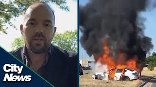 Man who rescued person from burning car gets emotional when recalling heroic act