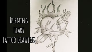 How To Draw A Burning Heart With A Sword Inside || Tattoo Drawing