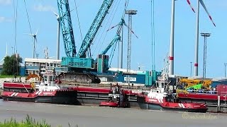 3 tugs tow heavyload WAGENBORG BARGE 8 upright giant 1600t Enercon crawler crane Terex CC 9800 Emden