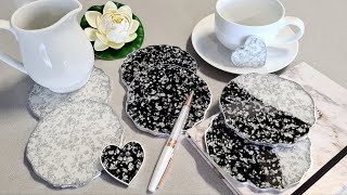 #979 Incredible Black, White And Silver Resin Coasters With 'Rock' Edges