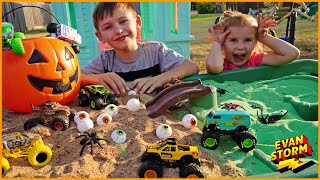 Spooky Halloween Monster Truck Backyard Challenge with Monster Jam Dirt Squad Construction Trucks