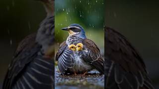 See how mother bird protects her chicks from heavy rain.🐦🌧️ #mother #bird #rain #love #shorts