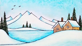 How to Draw Beautiful Winter Season | Easy Scenery Drawing
