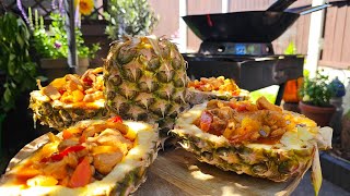 cook Sunday dinner with me in my garden#outside#delicious|food#breasts served in pineapple🍍