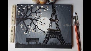 Eiffel Tower Painting|Moonlight Scenery|Eiffel Tower|Easy Eiffel tower painting|Moonlight painting