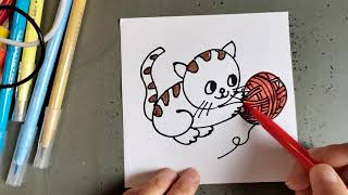 【每日十分钟美术课】儿童简笔画：玩线团的小猫 | Kids drawing