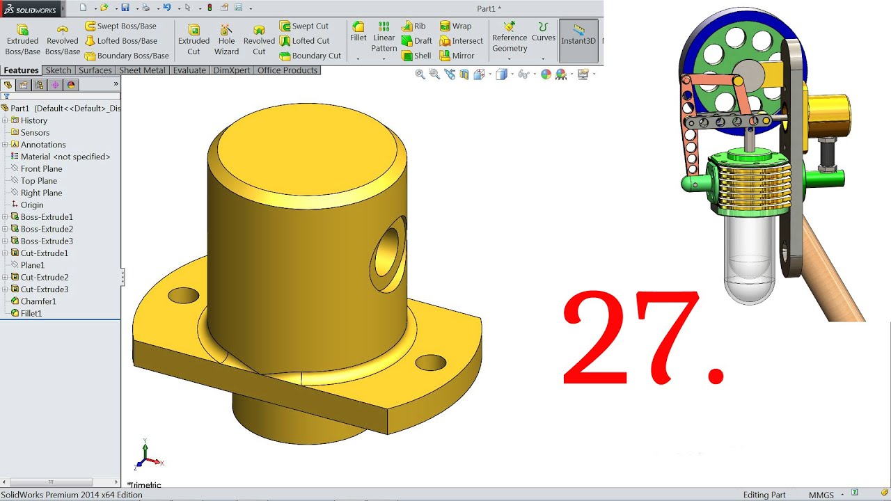 SolidWorks Tutorial Vertical Stirling Engine 27.Transfer Piston - YouTube