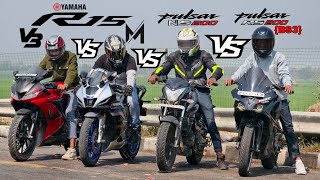 PULSAR RS200 BS3 VS NS200 BS4 VS R15M VS R15V3🔥||DRAG RACE 💥||RACE TILL THEIR POTENTIAL 🥵||