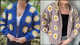 Crochet daisy cropped pink Cardigans for women, crochet sunflower Cardigan, 2024