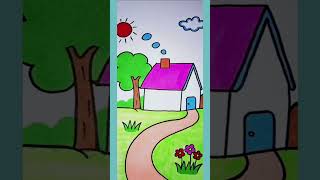 Children's Drawing Easy landscape drawing for kids, house and nature simple painting  幼儿园简笔画~小房子