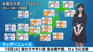 15日(火) 変わりやすい空 急な雨や雷、ひょうに注意