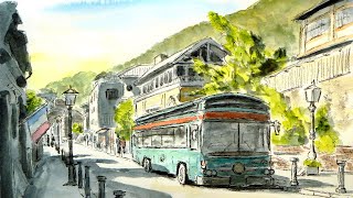 神戸の街とシティループバス 【透明水彩風景画】 　Kobe Japan【Watercolor】