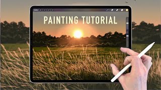 IPAD PAINTING TUTORIAL - Easy Summer Grass Sunset landscape in Procreate