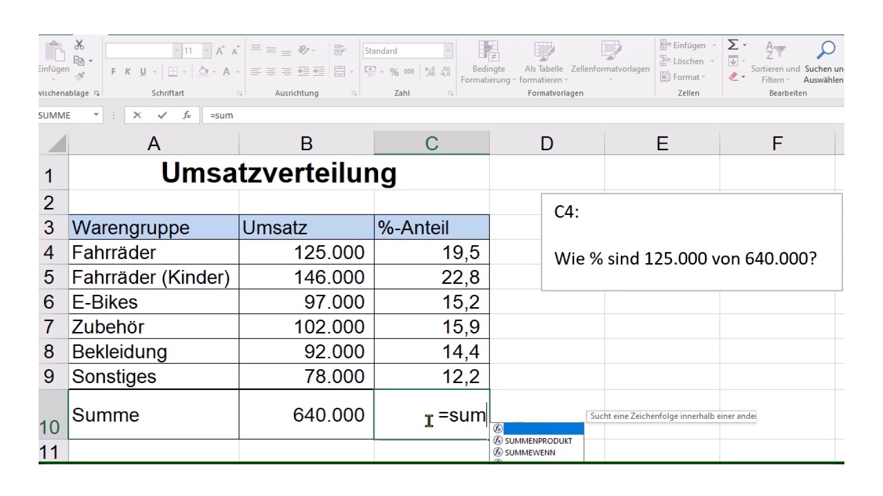 Prozentrechnen Mit Excel (Umsatzverteilung) - YouTube